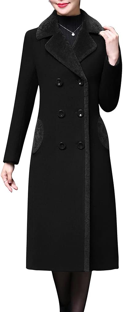 Aprsfn Women's Winter Wool Coats Double-breasted Notched Lapel Warm Jackets Midi Long Peacoat Long Sleeve Pea Coats