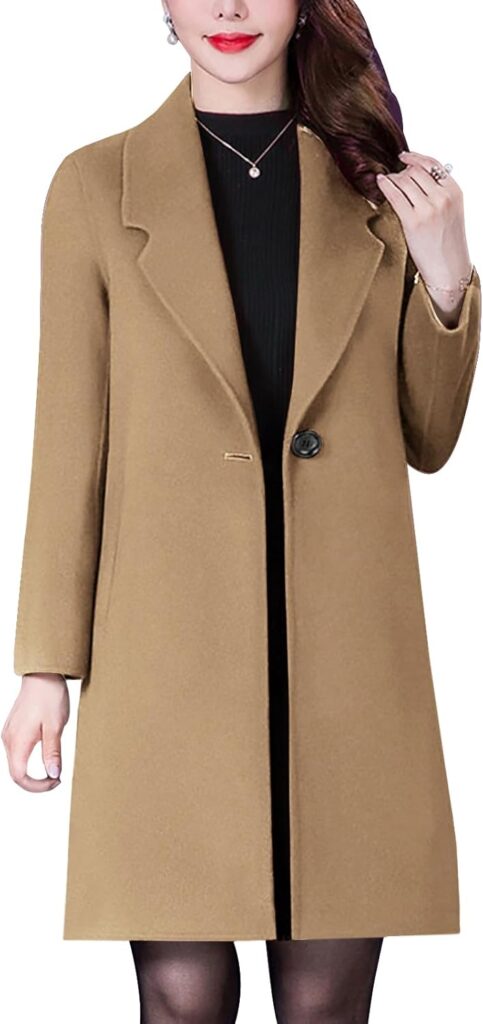 Aprsfn Women's Winter Wool Coats Long Sleeve One Buttoned Pea Coats Notched Lapel Jackets Mid-Length Windproof Overcoat