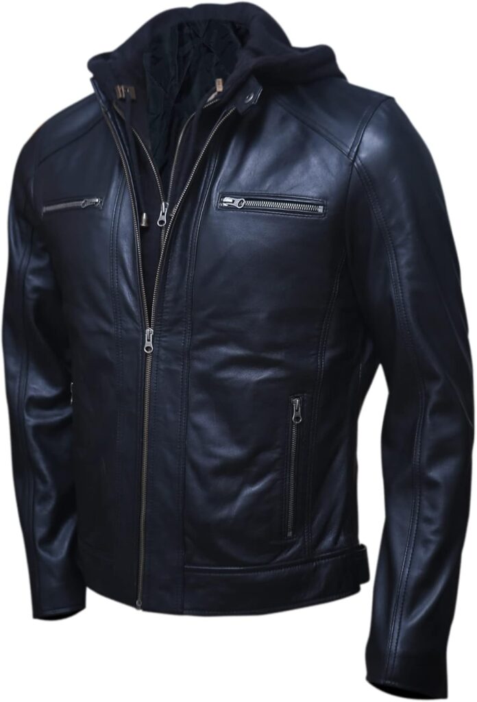 Artistry Mens Genuine Lambskin Leather Motorcycle Jacket with Removable Hood in Black Brown