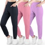 BIG ELEPHANT 3 Pack Girls Joggers with Pockets, High Waisted Kids Athletic Pants for Yoga Running