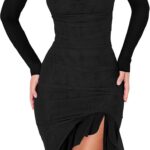 BORIFLORS Women's Sexy Ruched Bodycon Midi Dresses Elegant Mesh Long Sleeve Square Neck Ruffle Hem Cocktail Party Dress