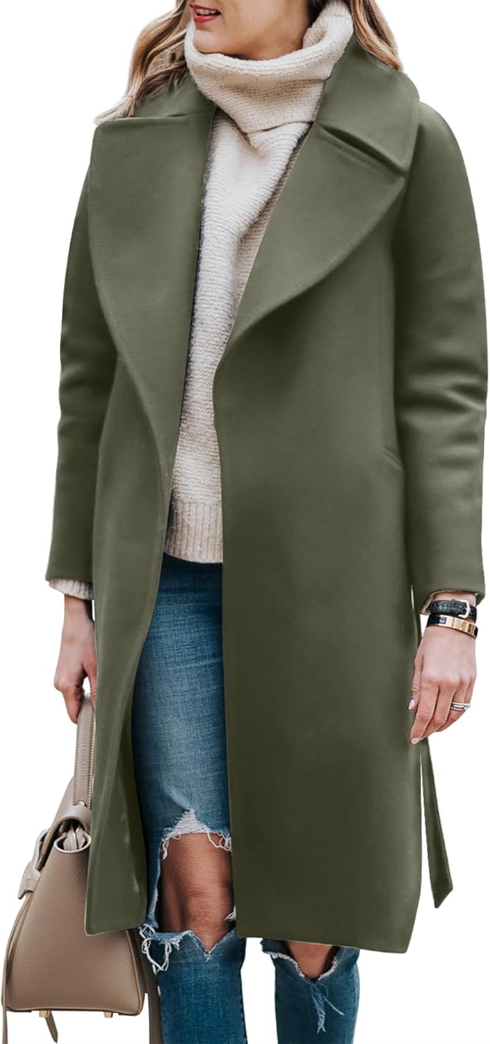 BZB Women's Long Wool Blend Pea Coat Winter Casual Overcoat Notched Lapel Collar Trench Coat Belted Long Jacket Outerwear