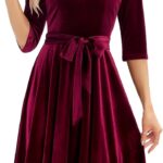 Bbonlinedress Long Sleeve Velvet Vintage Tea Dress Formal Cocktail Wedding Midi V-Neck Fit and Flare Dresses