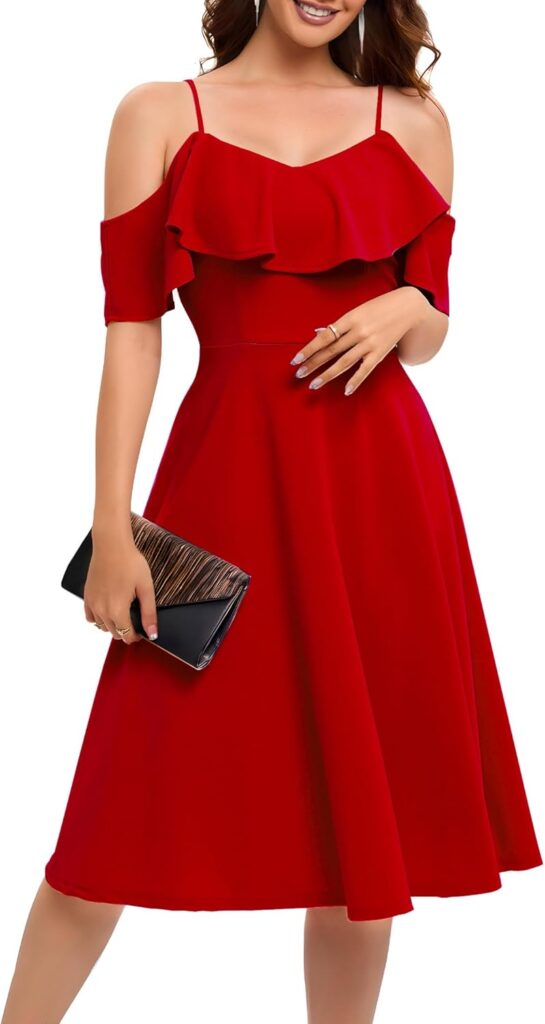 Bbonlinedress Womens Off Shoulder Summer Cocktail Swing Dress Wedding Guest Party A Line Midi Dress