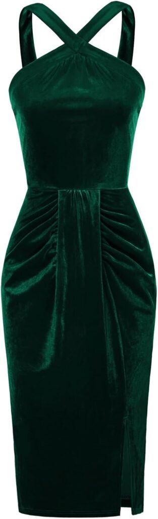 Belle Poque Women Velvet Dress with Slit Midi Formal Halter Neck Cocktail Dresses for Women