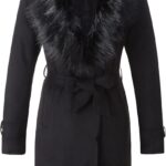 Bellivera Women Faux Leather Trench Coat Fleece-Lined Mid-length Jacket with Detachable Fur Collar