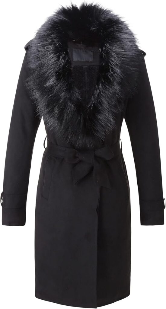 Bellivera Women Faux Leather Trench Coat Fleece-Lined Mid-length Jacket with Detachable Fur Collar