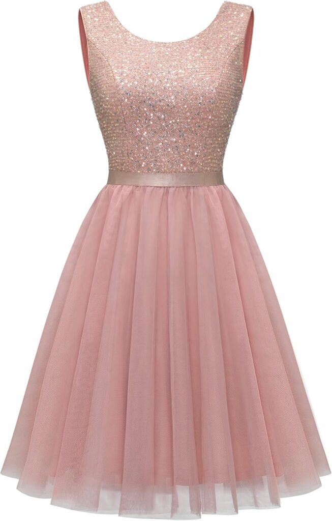 BeryLove Sequin Dress Vintage A Line Wedding Formal Swing Tulle Dress Sleeveless Cocktail Mini Dress