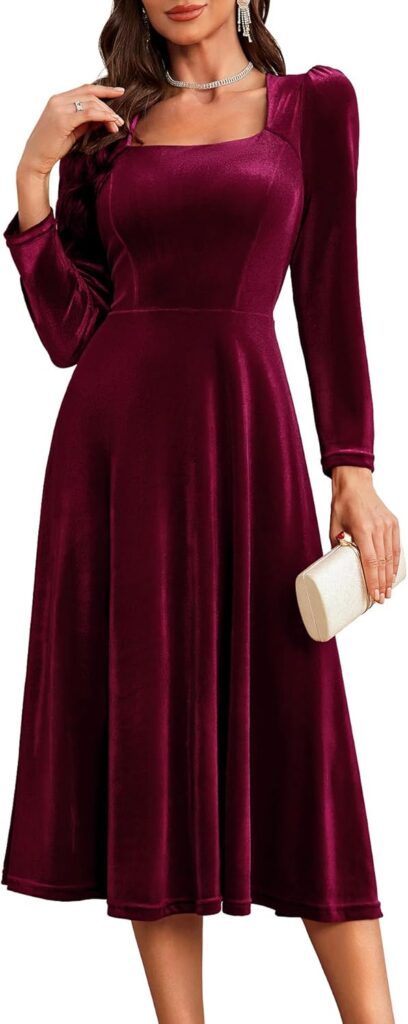 BeryLove Women Velvet Dress Cocktail Party Evening Dresses Long Sleeve Wedding Guest Formal Dresses