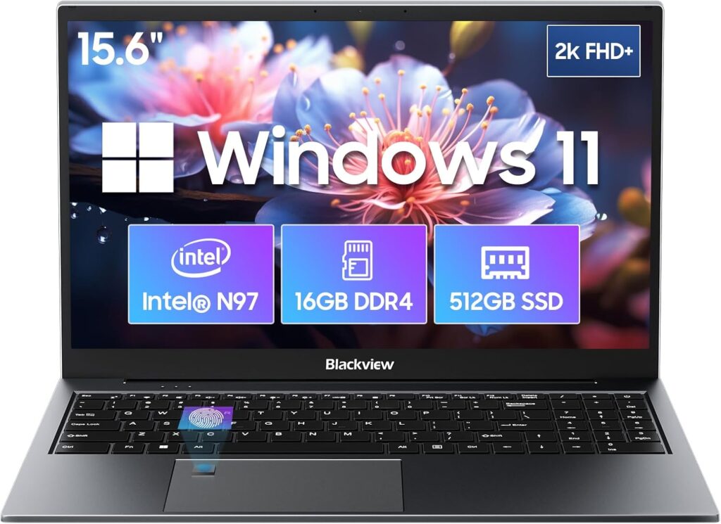 Blackview 15.6 Inch Laptop Computer | Gaming Laptop | 16GB(up to 32GB) RAM 512GB SSD | N97 Processor | FHD 1920 * 10800 | 180 Angle Open | Windows 11 Pro | Fingerprint Unlock, Gray