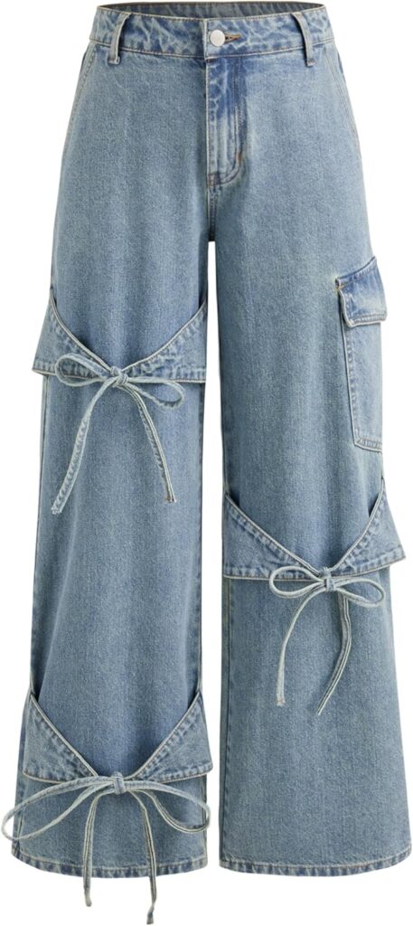 CIDER Baggy Jeans for Women High Waisted Wide Straight Leg Bow Jeans Denim Pants