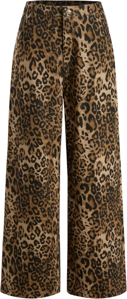 CIDER Denim Mid Waist Leopard Wide Leg Pants