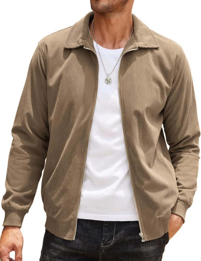 COOFANDY Men's Casual Corduroy Jacket Lightweight Zip Up Vintage Jacket Collared Bomber Jacket