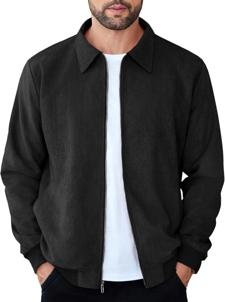 COOFANDY Men's Casual Suede Bomber Jacket Lightweight Full Zip Up Jackets Vintage Faux Leather Jacket