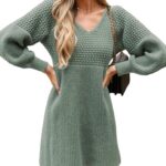 CUPSHE Women's Sweater Dress V Neck Honeycomb Long Sleeve Textured Fall Casual Knit Pullover Dresses