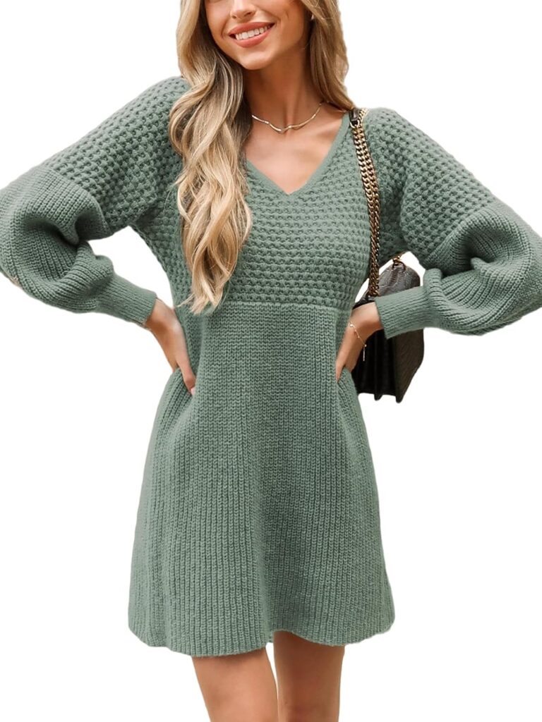 CUPSHE Women's Sweater Dress V Neck Honeycomb Long Sleeve Textured Fall Casual Knit Pullover Dresses