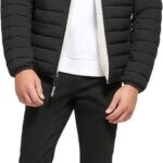 Calvin Klein Men's Hooded Down Jacket, Quilted Coat, Sherpa Lined, Ebony, Large