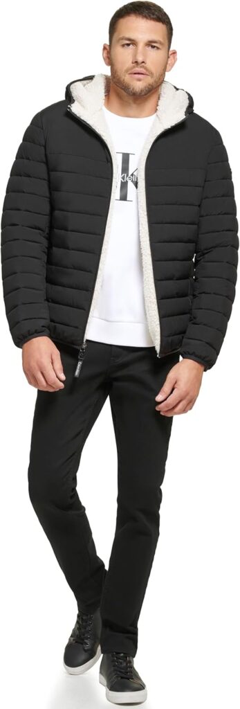 Calvin Klein Men's Hooded Down Jacket, Quilted Coat, Sherpa Lined, Ebony, Large