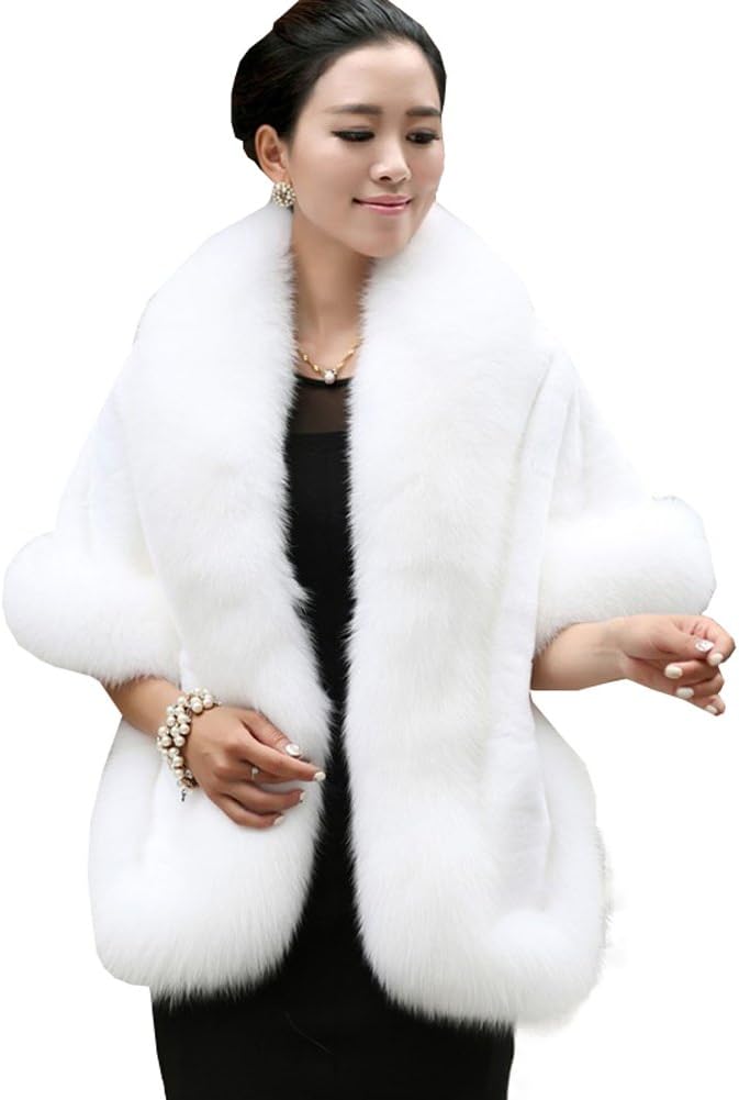 Caracilia Women Luxury Faux Fur Coat Jackets Wrap Cape Shawl for Wedding Party