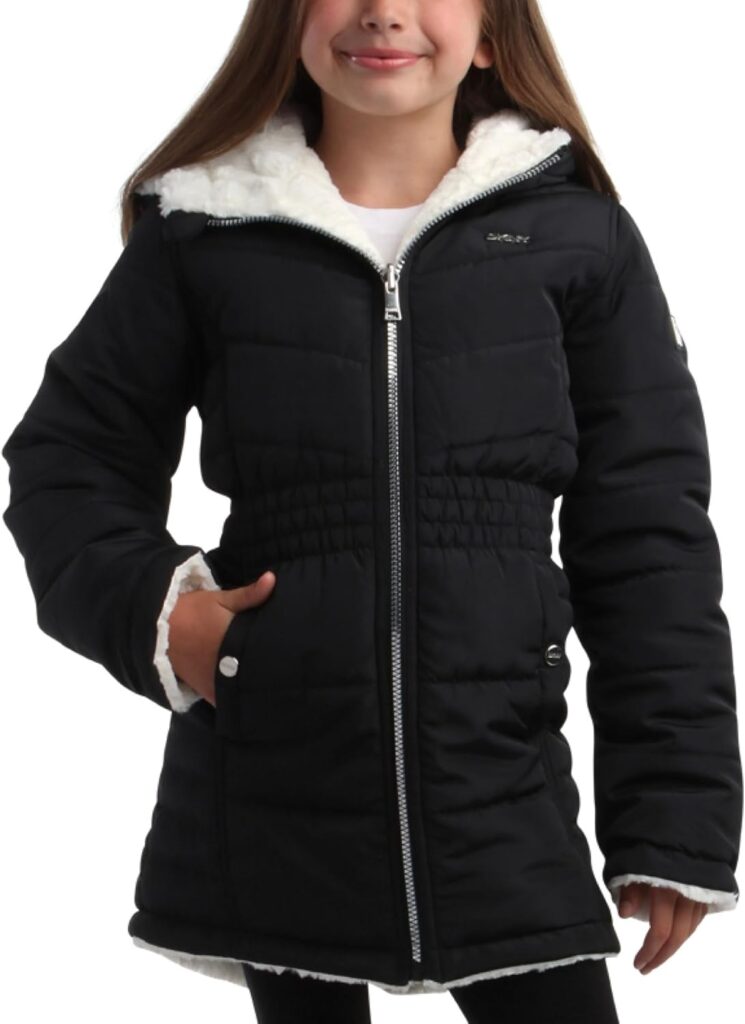 DKNY Girls’ Jacket – Reversible Heavyweight Quilted Parka Coat with Sherpa Lining – Reversible Jacket for Girls (4-16)