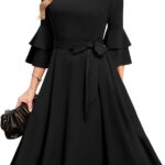 DRESSTELLS Cocktail Dress 2024, Long Bell Sleeves & V-Neck, Formal Guest Dresses for Holiday Party