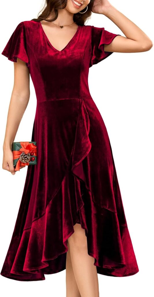 DRESSTELLS Velvet Cocktail Christmas for Women Dresses 2024, Formal Wedding Guest Holiday Party Winter Dress V-Neck Dress