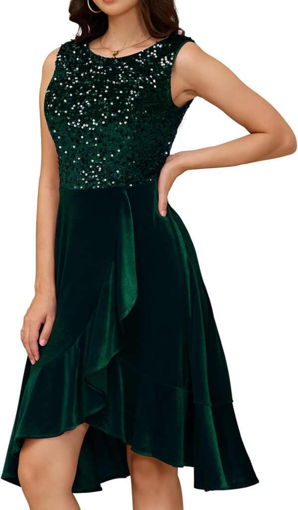 DRESSTELLS Velvet Sequin Christmas Holiday Party Dresses for Women, Sparkly Cocktail Wedding Guest Dress