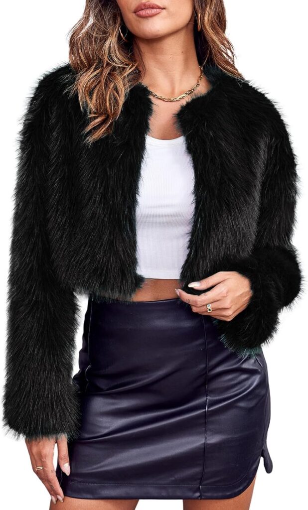 Danedvi Women's Fashion Cropped Faux Fur Jacket Long Sleeve Open Front Cardigan Casual Fluffy Parka Shaggy Short Coat