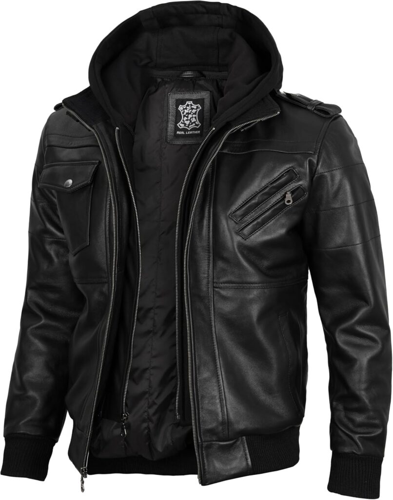 Decrum Hooded Leather Jacket Men - Bomber Leather Jackets For Men With Removable Hood