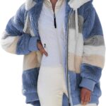 Dokotoo Womens 2024 Winter Fuzzy Fleece Jacket Hooded Color Block Patchwork Cardigan Coats Outerwear with Pockets