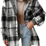 Dokotoo Women's Flannel Hooded Plaid 2024 Shacket Thick Coat Winter Coat for Warmth Button down Warm and Fuzzy Fleece Jacket