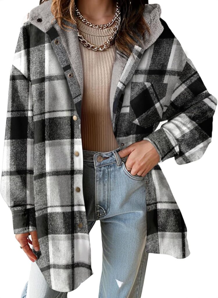 Dokotoo Women's Flannel Hooded Plaid 2024 Shacket Thick Coat Winter Coat for Warmth Button down Warm and Fuzzy Fleece Jacket