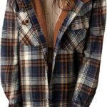 Dokotoo Womens Plaid Shacket Jacket Long Sleeve Button Down Fleece Hooded Jackets Warm Coat