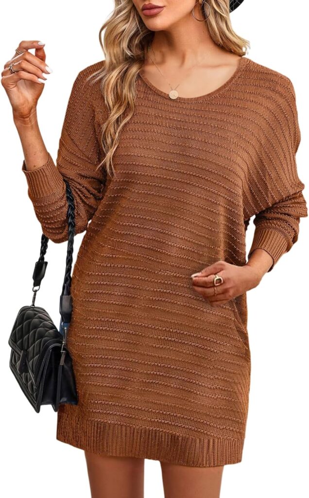 Dokotoo Womens Sweater Dresses 2024 Trendy Casual Crew Neck Long Sleeve Textured Pullover Knit Dress