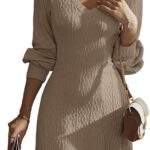 Dokotoo Work Dresses for Women 2024 Trendy Fall Dresses V Neck Knit A Line Long Sleeve Dress Sweater Dress