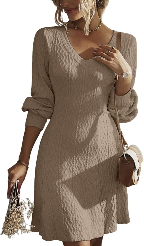 Dokotoo Work Dresses for Women 2024 Trendy Fall Dresses V Neck Knit A Line Long Sleeve Dress Sweater Dress