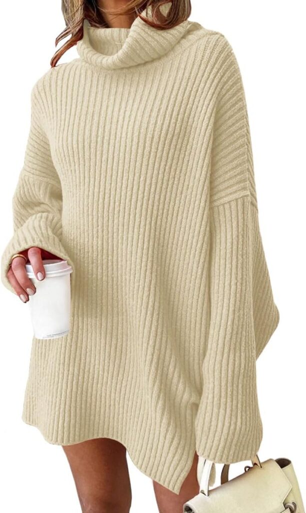 EFAN Womens Oversized Turtleneck Sweater Dress Trendy Pullover Ribbed Knit Dress