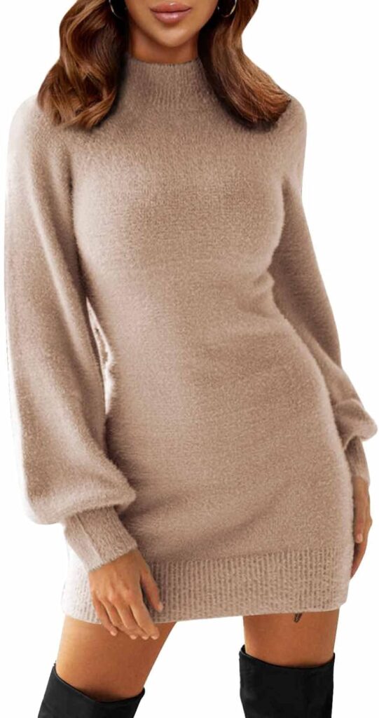 EXLURA Women's 2024 Mock Neck Ribbed Long Sleeve Bodycon Pullover Cute Mini Sweater Dress