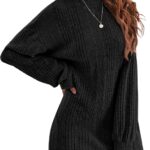 Ekouaer Women's Nightgown Long Sleeve Ribbed Knit Nightshirt Round Neck Sleep Shirt Soft Sweater Dress S-XXL