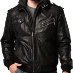 FLAVOR Men Brown Leather Motorcycle Jacket with Removable Hood