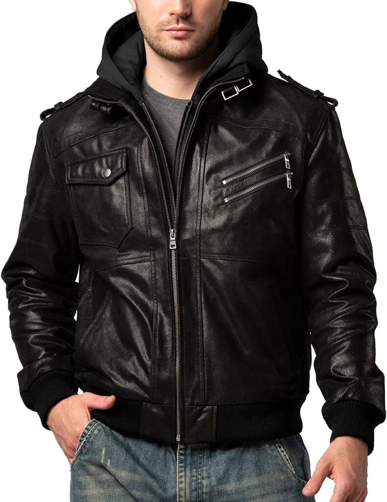 FLAVOR Men Brown Leather Motorcycle Jacket with Removable Hood