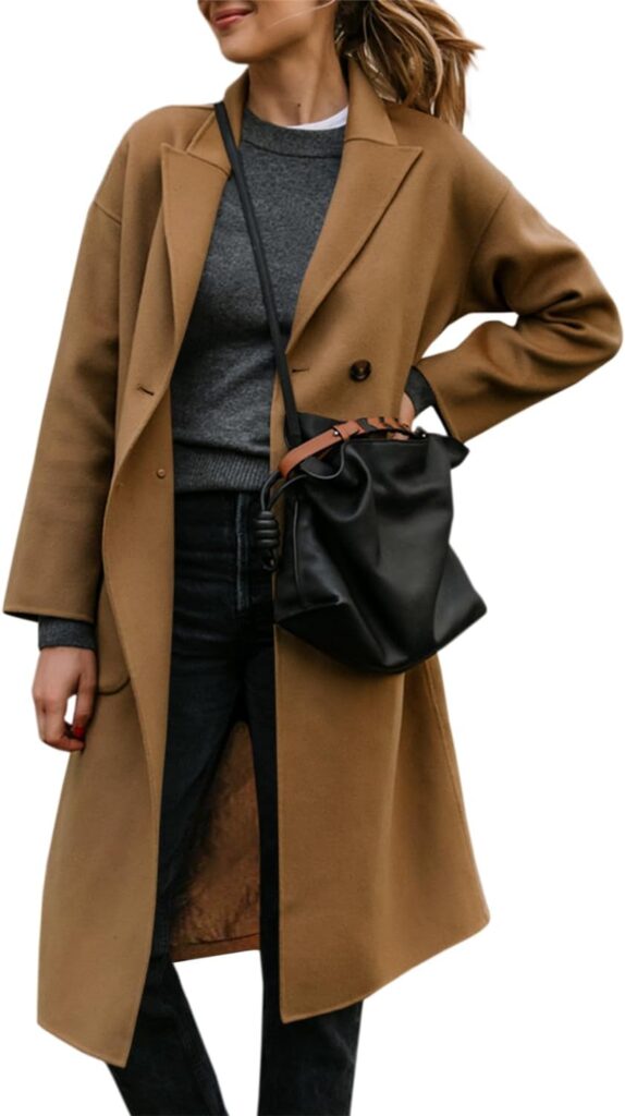 FSHAOES Womens Lapel Peacoat Winter Double-Breasted Outerwear Mid Long Jacket Casual Trench Coat