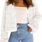 Fisoew Womens Cropped Faux Fur Jackets Long Sleeve Open Front Fluffy Short Coats