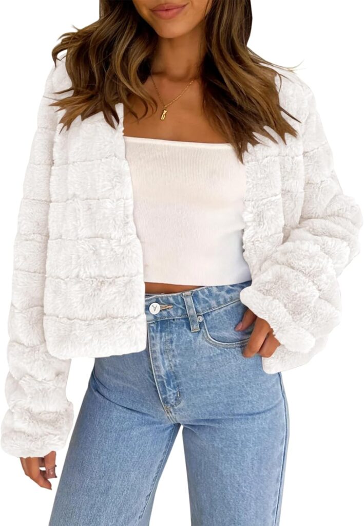 Fisoew Womens Cropped Faux Fur Jackets Long Sleeve Open Front Fluffy Short Coats