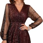 Floerns Women's Lantern Long Sleeve V Neck Mesh Cocktail Party Short Dress Without Belt