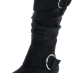 Forever Link Women's Klein-70 Closed Round Toe Buckle Slouch Flat Heel Mid-Calf Boot