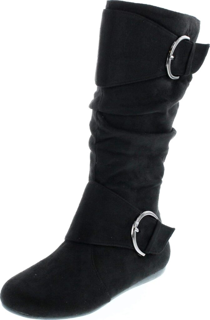 Forever Link Women's Klein-70 Closed Round Toe Buckle Slouch Flat Heel Mid-Calf Boot