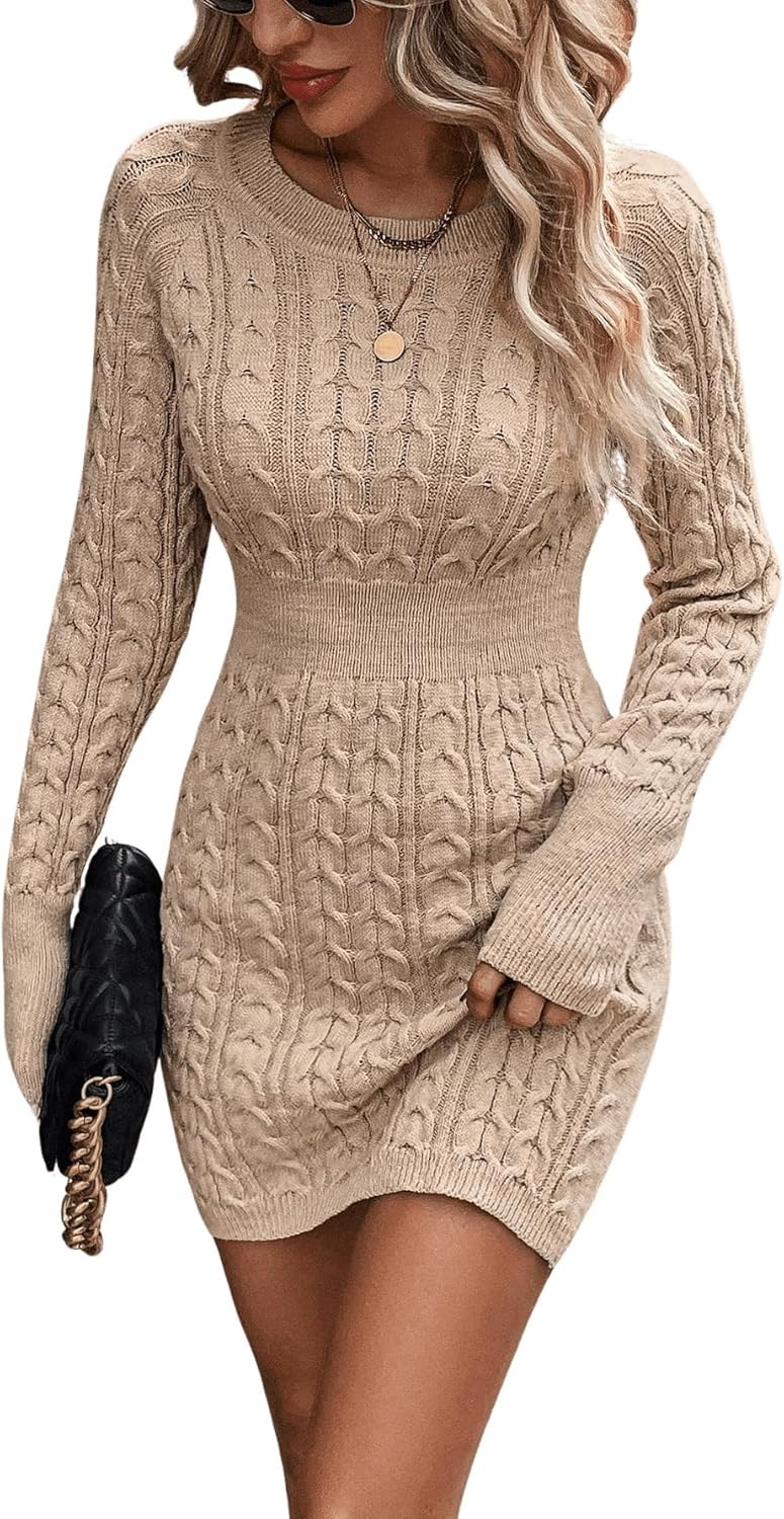 GORGLITTER Women's Cable Knit Sweater Dress Long Sleeve Knit Winter Dresses Crewneck Mini Pencil Dresses