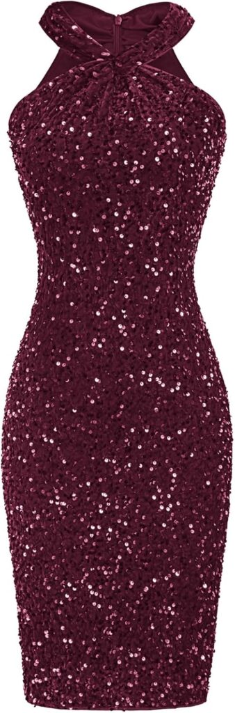 GRACE KARIN Sequin Dress for Women Sleeveless Sparkly Glitter Halter Dress Bodycon Mini Club Dresses 2024