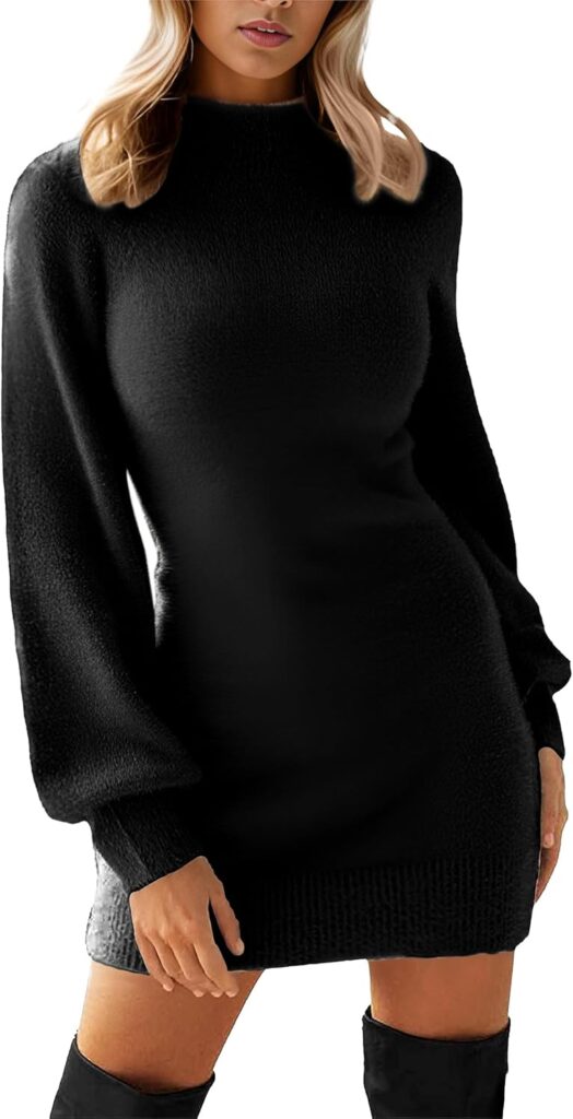 GRECERELLE Women's Mock Neck Ribbed Long Sleeve Bodycon Pullover Cute Mini Sweater Dress